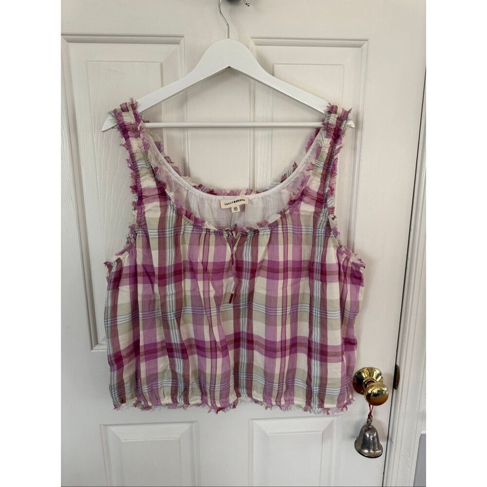 Lucky Brand Purple & White Plaid Frayed Edge Tank Top Ren Faire sz XXL NWOT